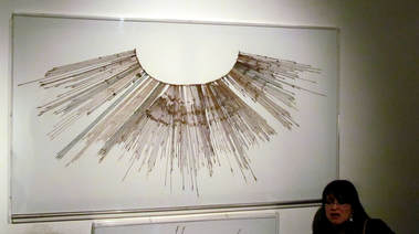 A picture of a quipu in a museum. The strings are spread out and put into a frame on a wall. 